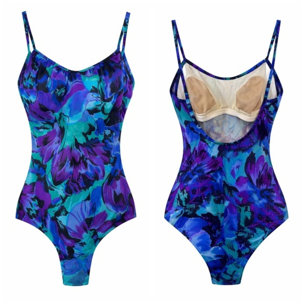 VTG 90s Jantzen Floral One Piece Swimsuit Purple Blue Retro Pool Made in USA 12